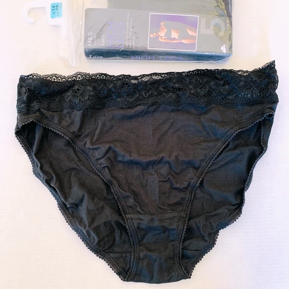 English Marks & Spencer brand 1 pack of 5 black cotton panties with lace US 10 - Picture 2 of 4